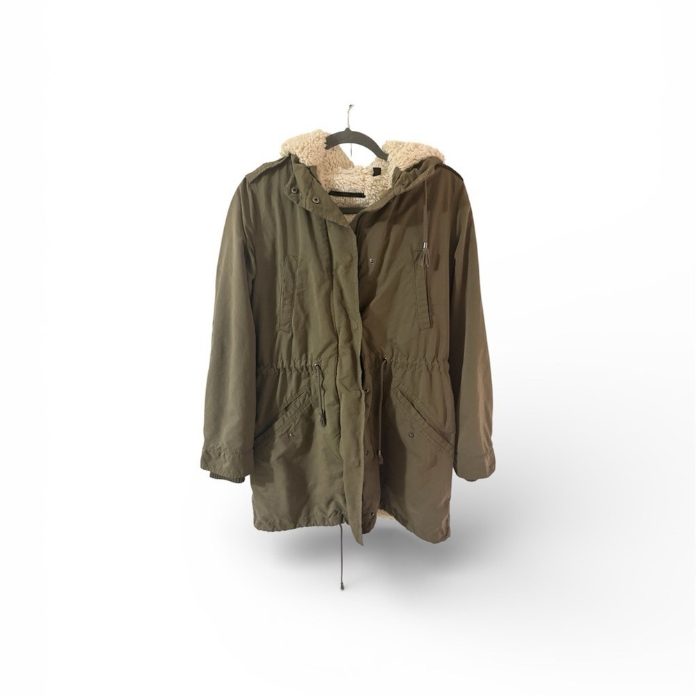 MNG‎ Parka Jacket Women XXS Olive Green Sherpa Lined Utility Coat